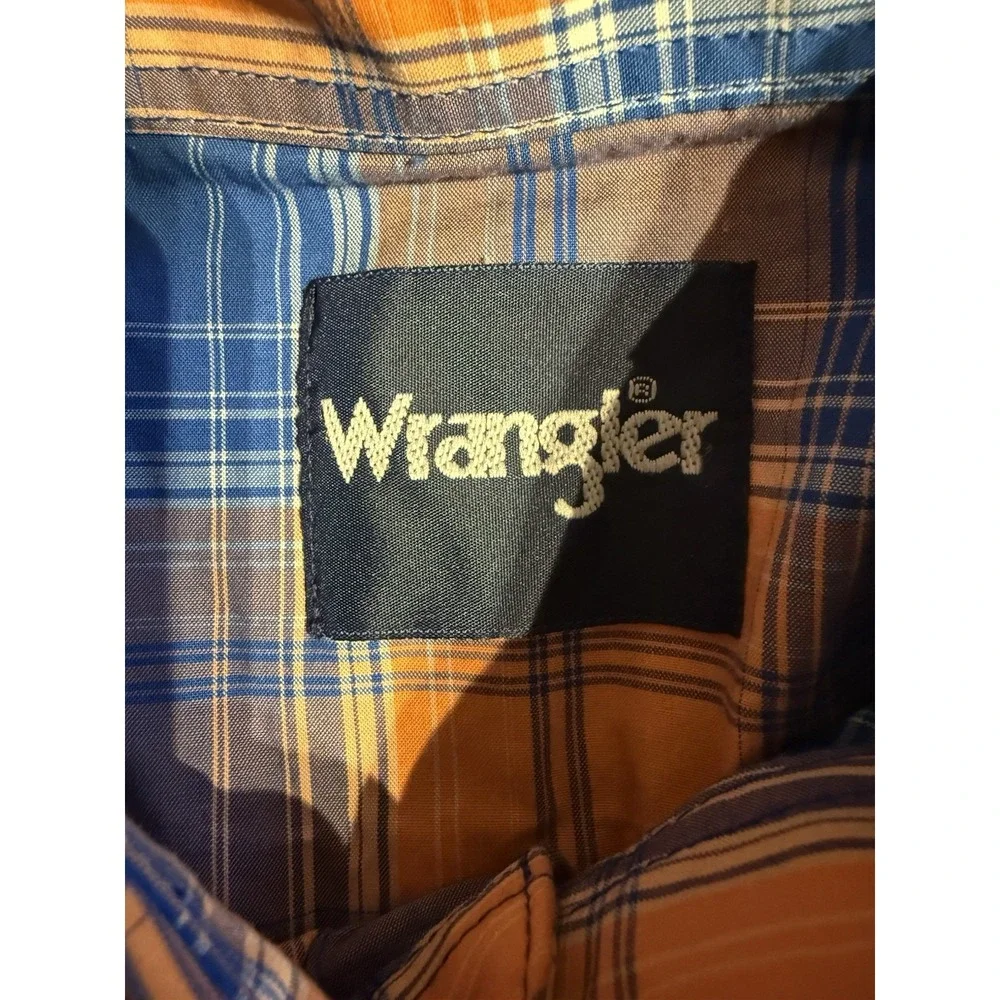 Wrangler Shirt Men's XL Orange‎ Blue Plaid Pearl Snap Western Rodeo Logo LS